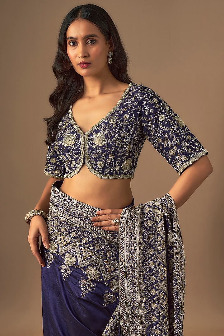 Purple Silk Zardosi Embroidered Bridal Saree Set by Jayanti Reddy at Pernia's Pop Up Shop