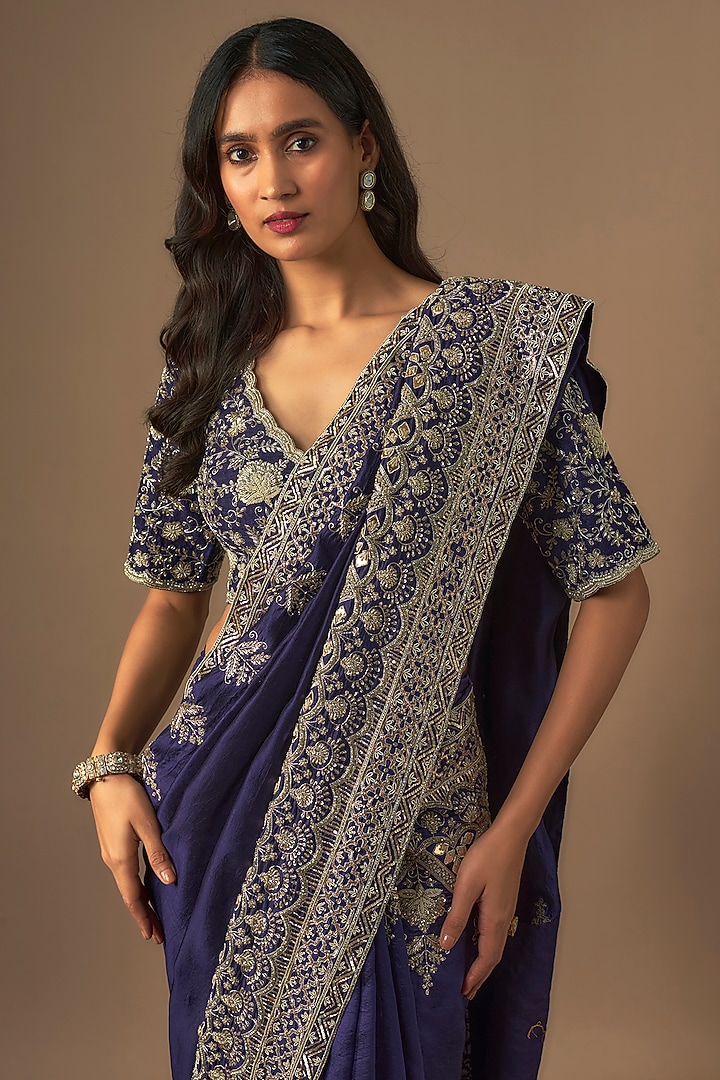 Purple Silk Zardosi Embroidered Bridal Saree Set by Jayanti Reddy at Pernia's Pop Up Shop