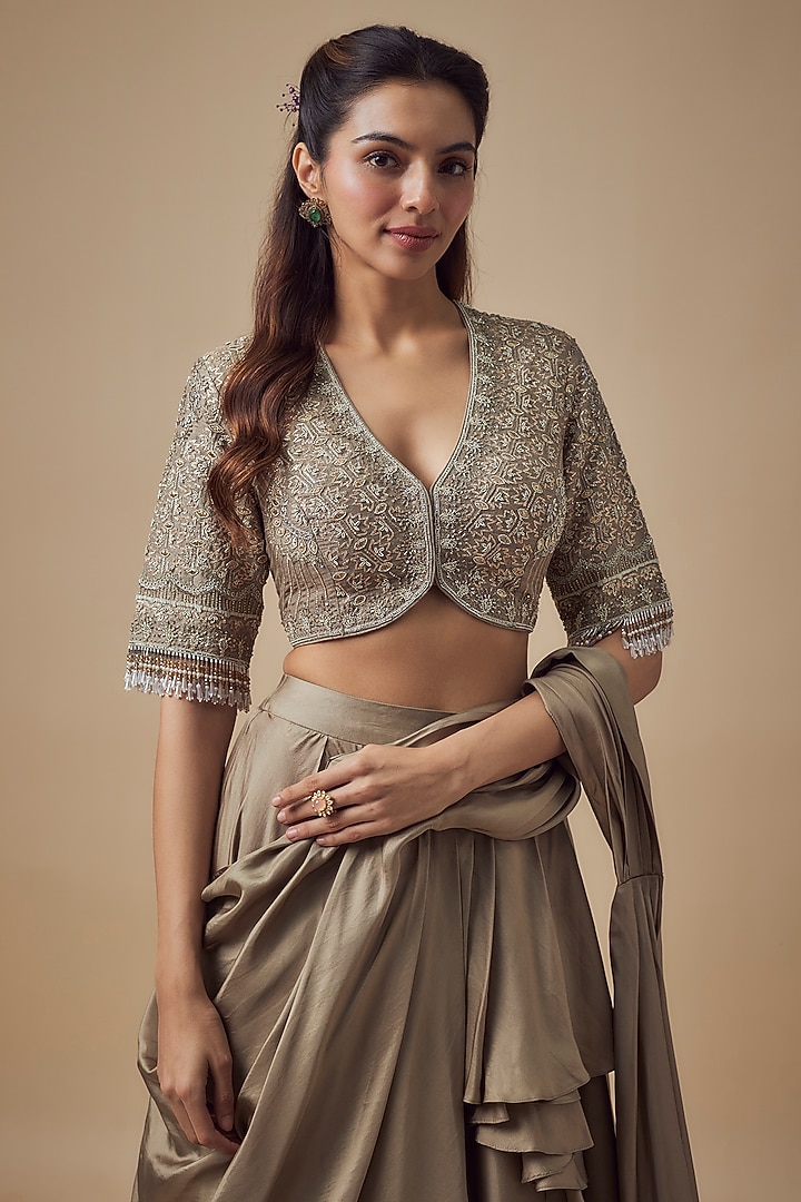 Gold Silk Pre-Draped Bridal Saree Set by Jayanti Reddy at Pernia's Pop Up Shop