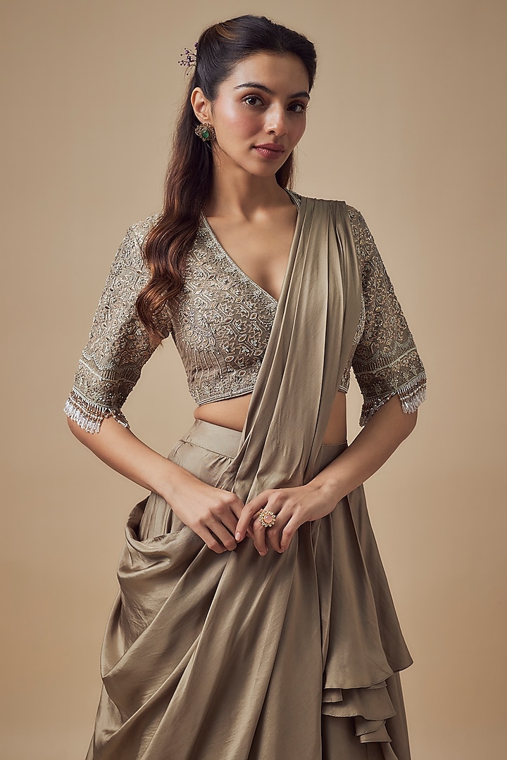 Gold Silk Pre-Draped Bridal Saree Set by Jayanti Reddy at Pernia's Pop Up Shop