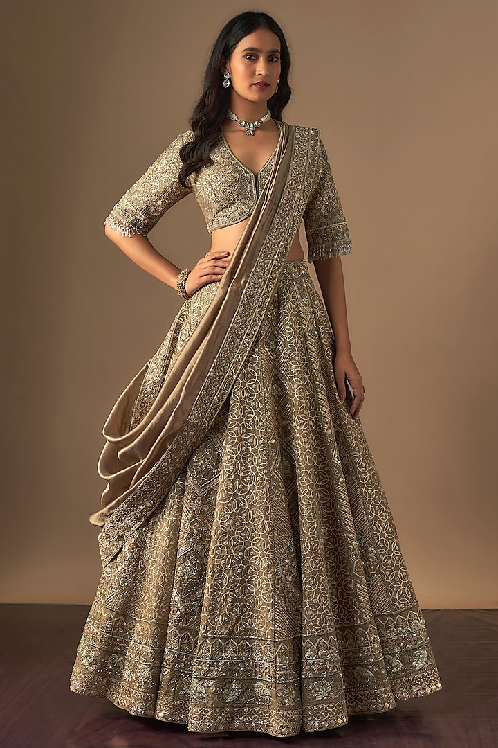 Beige Raw Silk Zardosi Embroidered Bridal Lehenga Set by Jayanti Reddy at Pernia's Pop Up Shop