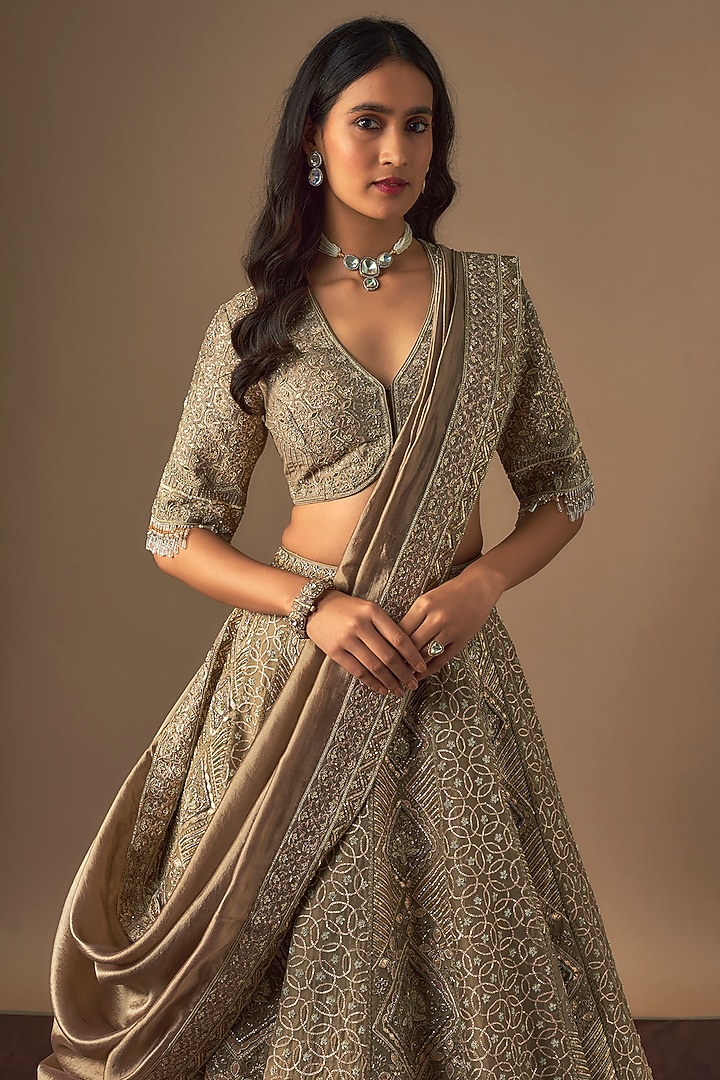 Beige Raw Silk Zardosi Embroidered Bridal Lehenga Set by Jayanti Reddy at Pernia's Pop Up Shop