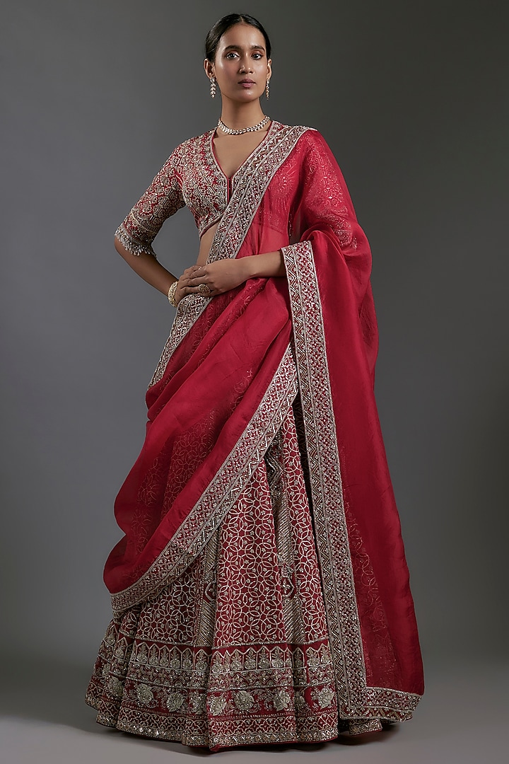 Red Raw Silk Zardosi Embroidered Bridal Lehenga Set by Jayanti Reddy at Pernia's Pop Up Shop