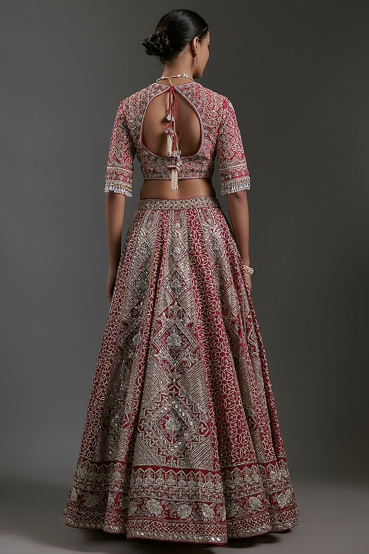 Red Raw Silk Zardosi Embroidered Bridal Lehenga Set by Jayanti Reddy at Pernia's Pop Up Shop