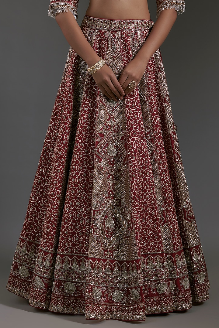 Red Raw Silk Zardosi Embroidered Bridal Lehenga Set by Jayanti Reddy at Pernia's Pop Up Shop