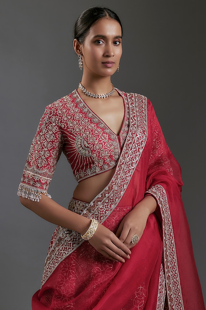 Red Raw Silk Zardosi Embroidered Bridal Lehenga Set by Jayanti Reddy at Pernia's Pop Up Shop