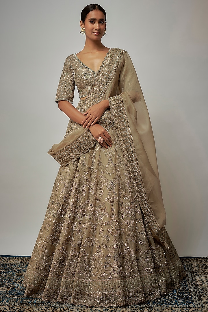 Beige Raw Silk Zardosi Embroidered Bridal Lehenga Set by Jayanti Reddy at Pernia's Pop Up Shop
