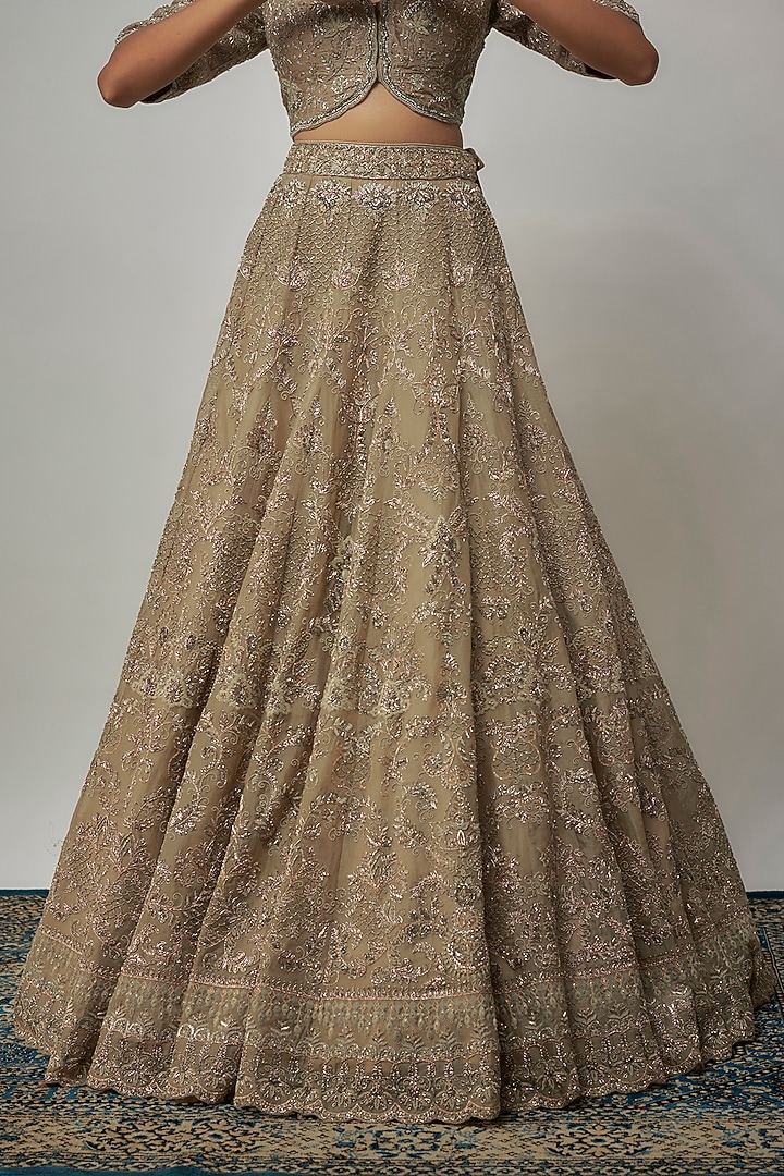 Beige Raw Silk Zardosi Embroidered Bridal Lehenga Set by Jayanti Reddy at Pernia's Pop Up Shop