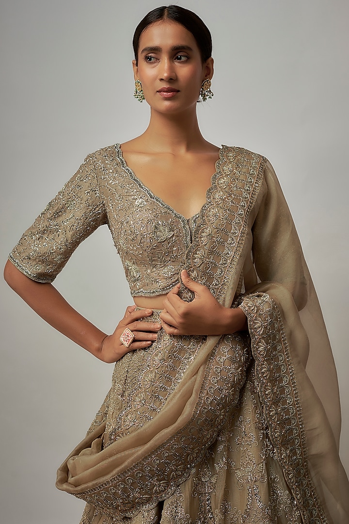Beige Raw Silk Zardosi Embroidered Bridal Lehenga Set by Jayanti Reddy at Pernia's Pop Up Shop