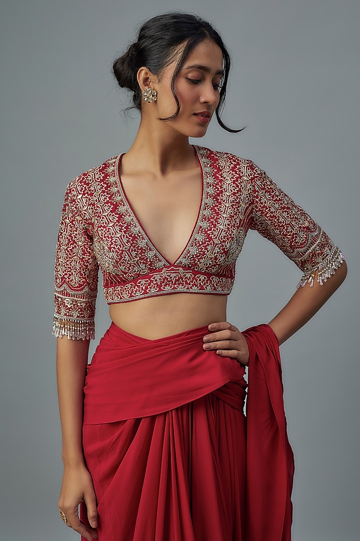 Red Crepe Pre-Draped Reception Saree Set by Jayanti Reddy at Pernia's Pop Up Shop