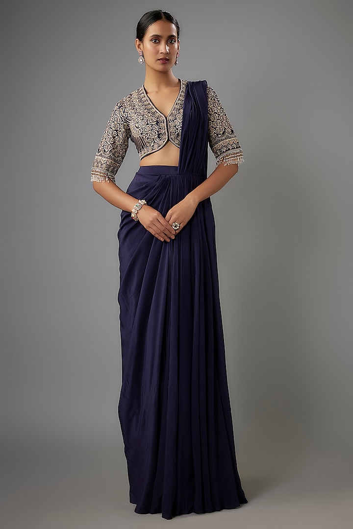 Purple Crepe Pre-Draped Saree Set by Jayanti Reddy at Pernia's Pop Up Shop