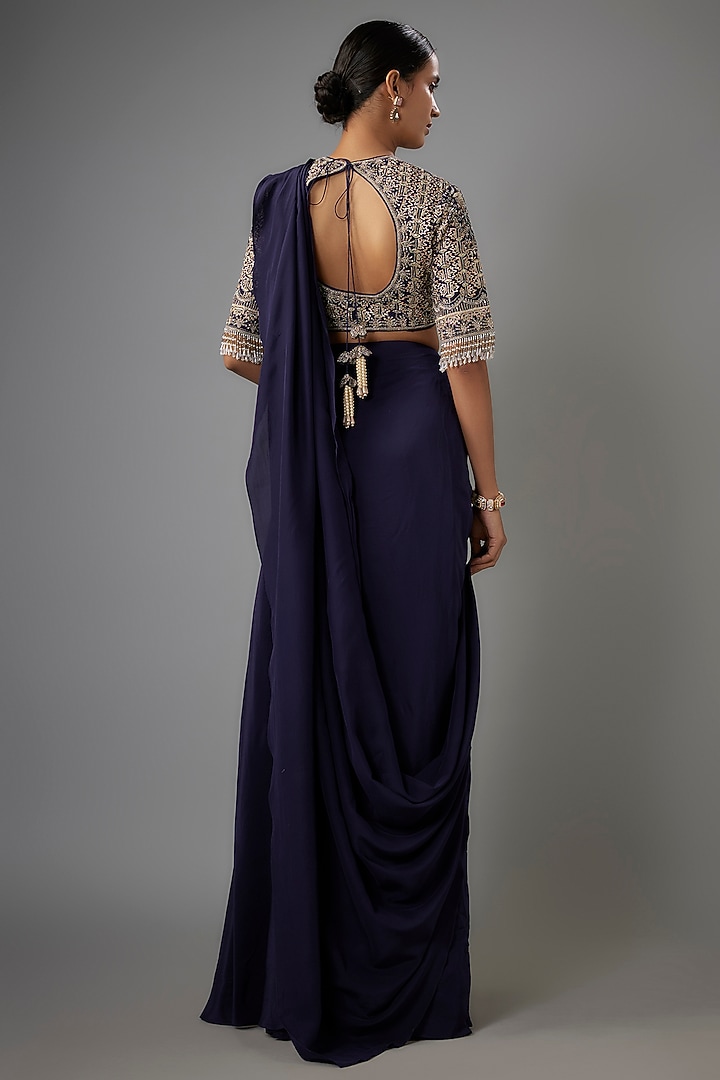 Purple Crepe Pre-Draped Reception Saree Set by Jayanti Reddy at Pernia's Pop Up Shop