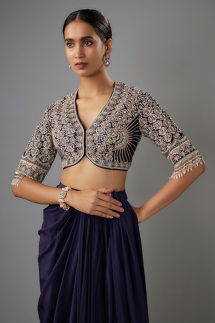 Purple Crepe Pre-Draped Reception Saree Set by Jayanti Reddy at Pernia's Pop Up Shop