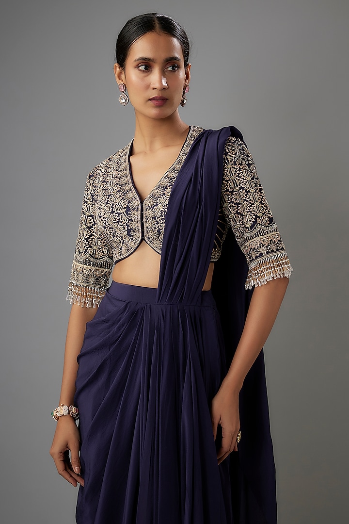 Purple Crepe Pre-Draped Reception Saree Set by Jayanti Reddy at Pernia's Pop Up Shop