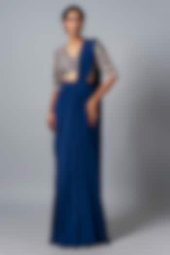 Blue Crepe Pre-Draped Saree Set by Jayanti Reddy at Pernia's Pop Up Shop