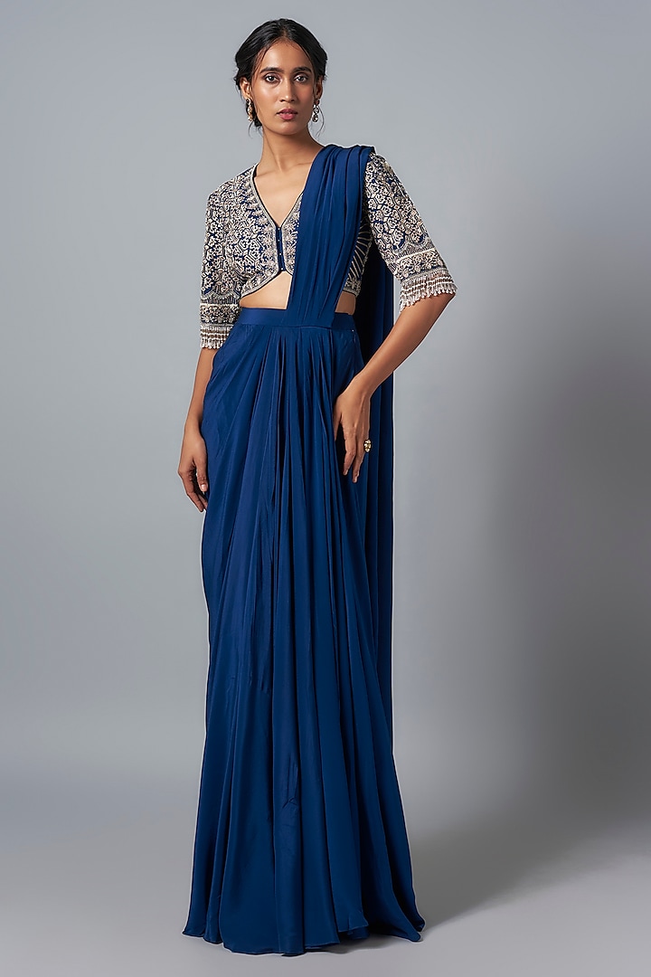 Blue Crepe Pre-Draped Saree Set by Jayanti Reddy at Pernia's Pop Up Shop