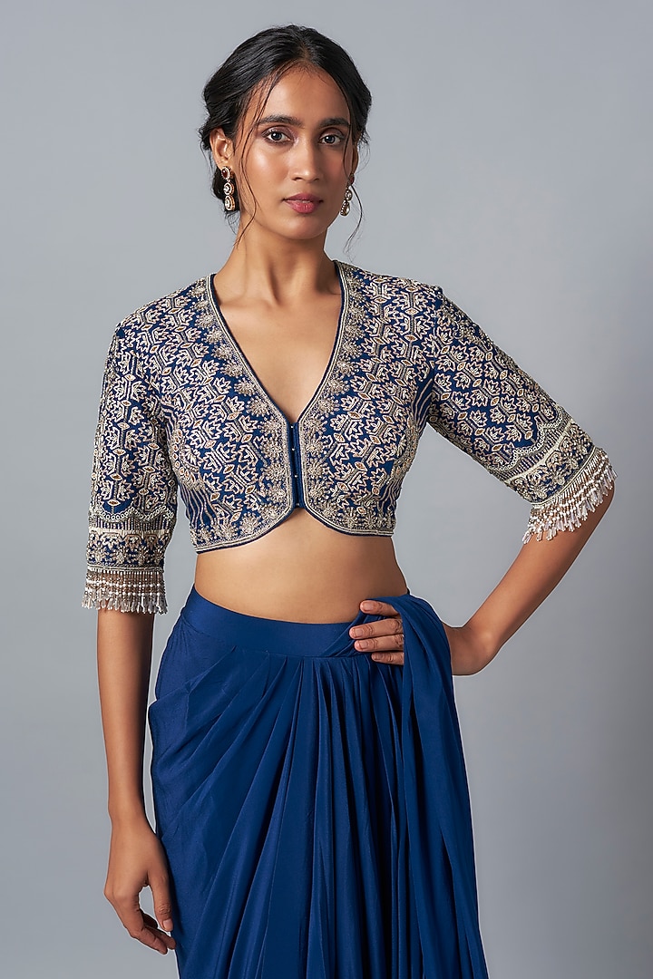 Blue Crepe Pre-Draped Reception Saree Set by Jayanti Reddy at Pernia's Pop Up Shop