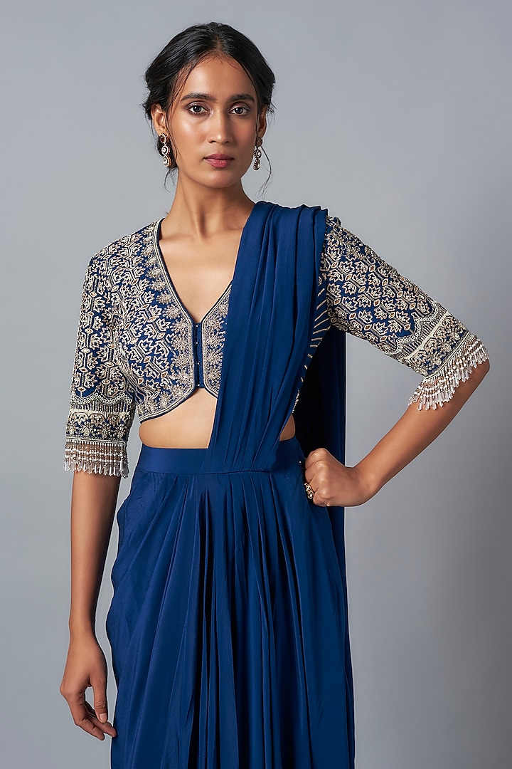 Blue Crepe Pre-Draped Reception Saree Set by Jayanti Reddy at Pernia's Pop Up Shop