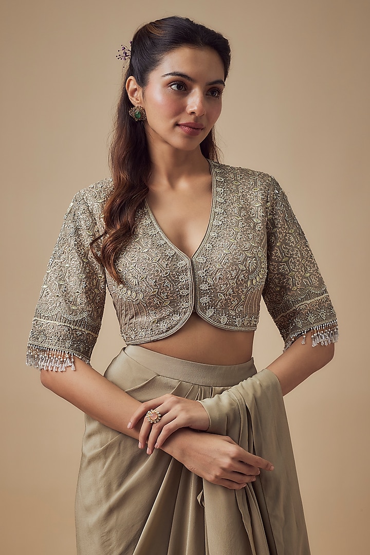 Gold Crepe Pre-Draped Reception Saree Set by Jayanti Reddy at Pernia's Pop Up Shop