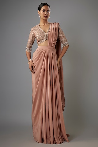 Peach Crepe Pre-Draped Saree Set by Jayanti Reddy