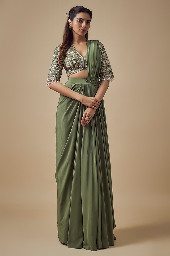 Mint Crepe Pre-Draped Saree Set by Jayanti Reddy at Pernia's Pop Up Shop