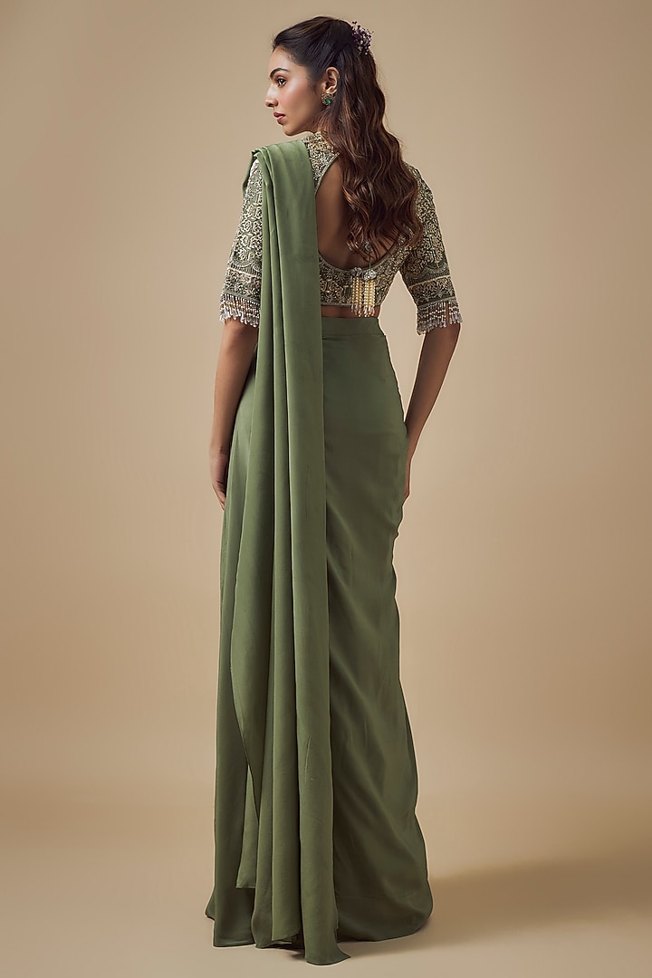 Mint Crepe Pre-Draped Reception Saree Set by Jayanti Reddy at Pernia's Pop Up Shop