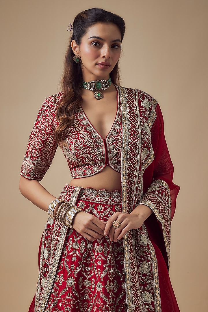 Pink Raw Silk Zardosi Embroidered Bridal Lehenga Set by Jayanti Reddy at Pernia's Pop Up Shop