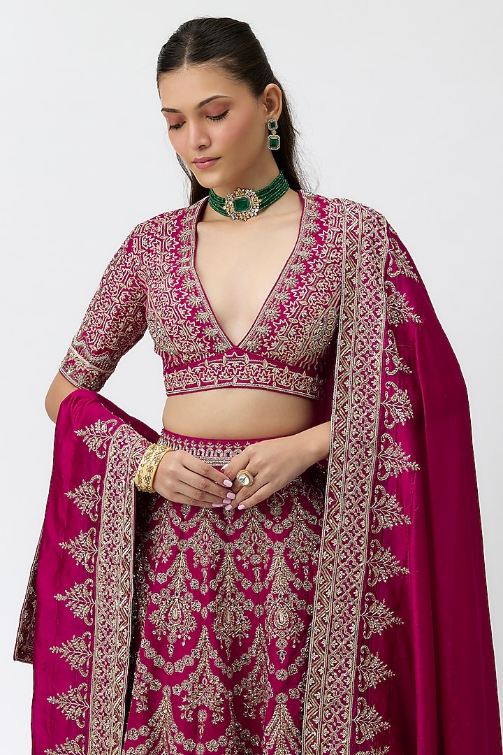 Pink Raw Silk Zardosi Embroidered Bridal Lehenga Set by Jayanti Reddy at Pernia's Pop Up Shop