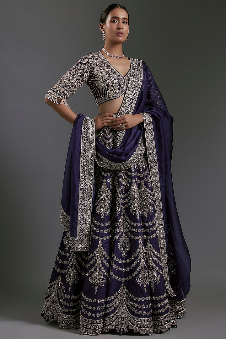 Purple Raw Silk Zardosi Embroidered Bridal Lehenga Set by Jayanti Reddy at Pernia's Pop Up Shop