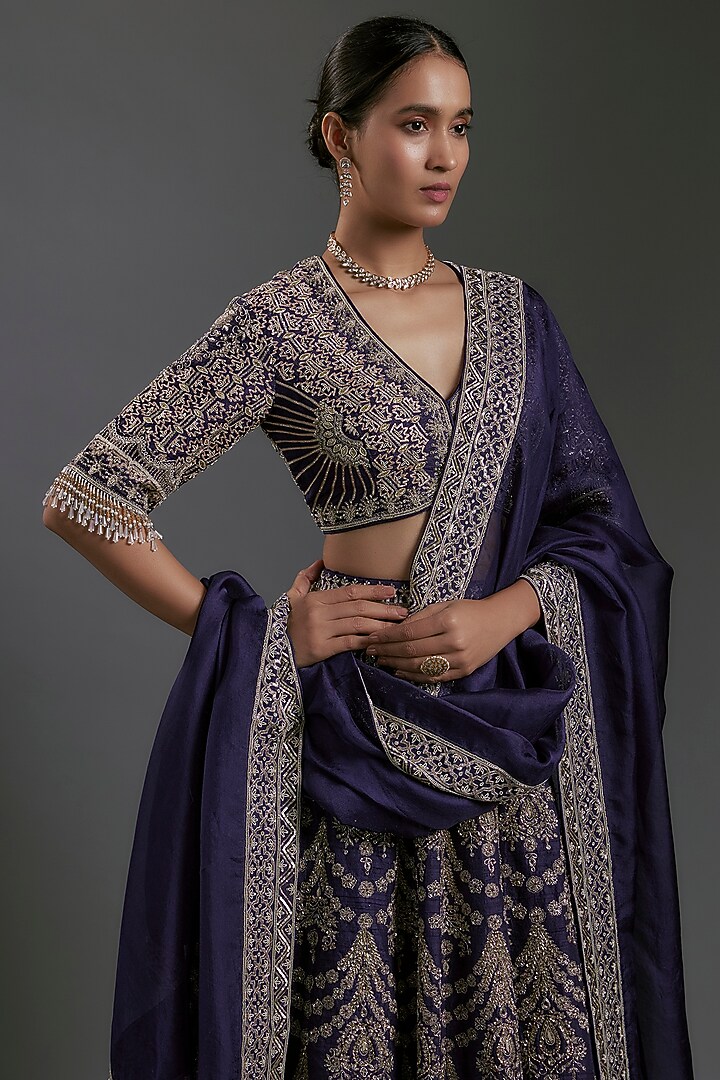Purple Raw Silk Zardosi Embroidered Bridal Lehenga Set by Jayanti Reddy at Pernia's Pop Up Shop