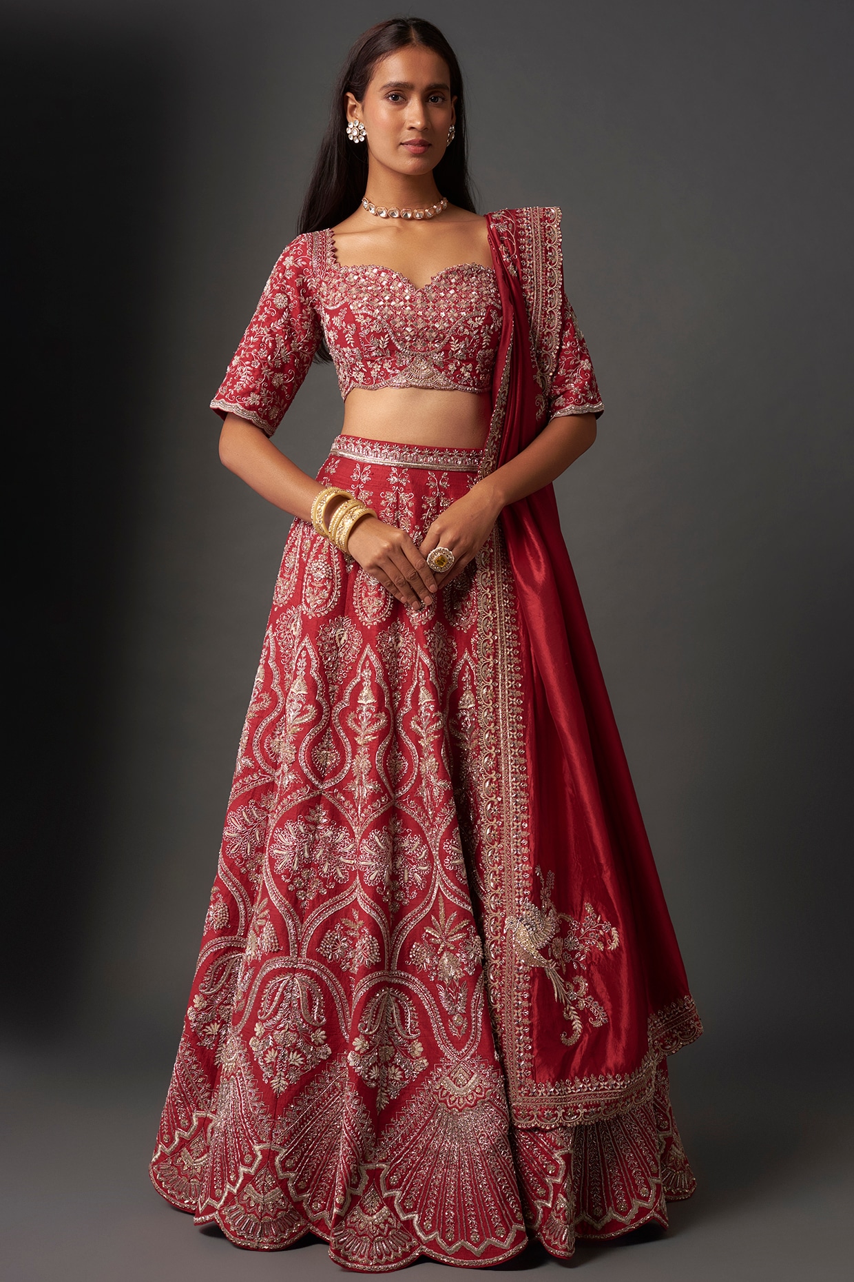 Jayanti Reddy Red Raw Silk Embroidered Lehenga Set