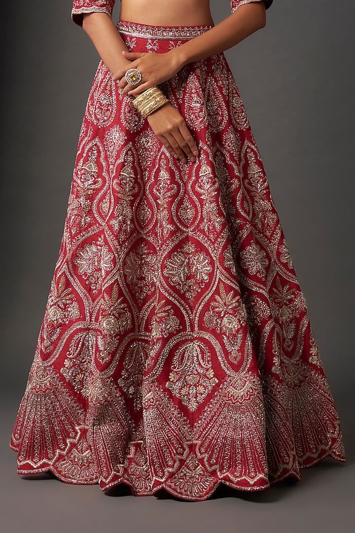 Red Raw Silk Embroidered Bridal Lehenga Set by Jayanti Reddy at Pernia's Pop Up Shop