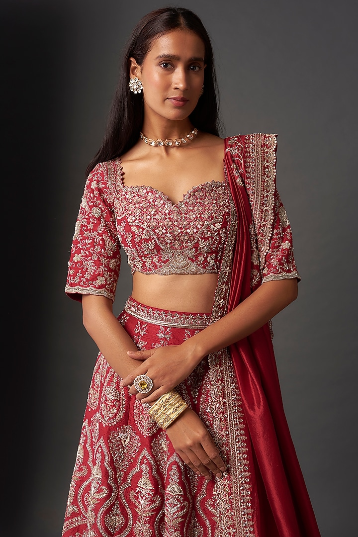 Red Raw Silk Embroidered Bridal Lehenga Set by Jayanti Reddy at Pernia's Pop Up Shop