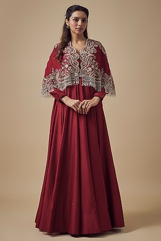 Red Silk Zardosi Embroidered Anarkali Set by Jayanti Reddy