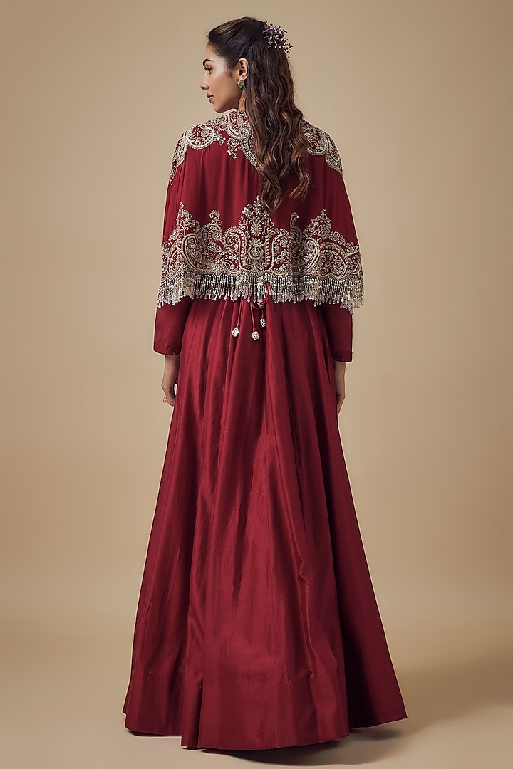 Red Silk Zardosi Embroidered Bridal Anarkali Set by Jayanti Reddy at Pernia's Pop Up Shop