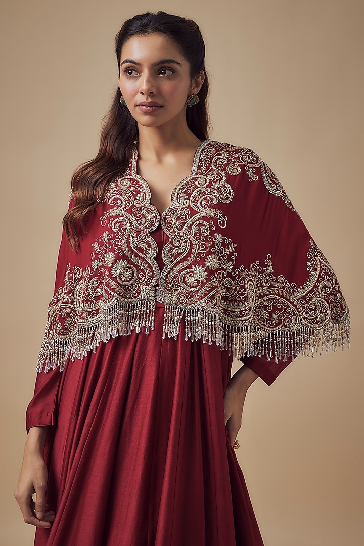 Red Silk Zardosi Embroidered Bridal Anarkali Set by Jayanti Reddy at Pernia's Pop Up Shop