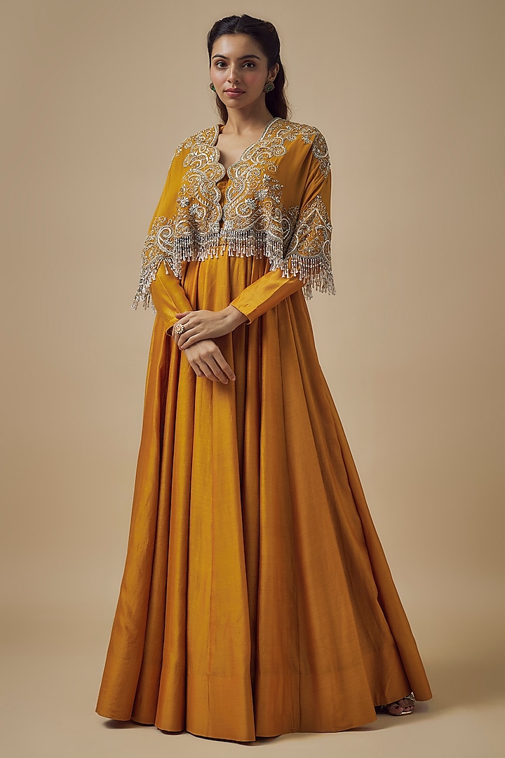 Yellow Silk Zardosi Embroidered Anarkali Set by Jayanti Reddy at Pernia's Pop Up Shop