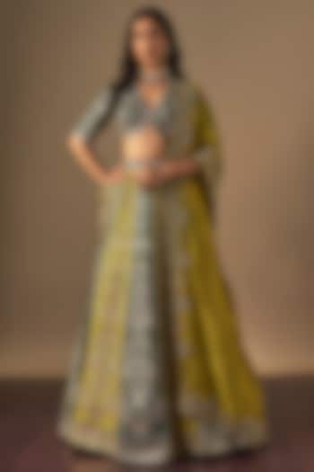 Green Raw Silk Zardosi Embroidered Bridal Lehenga Set by Jayanti Reddy at Pernia's Pop Up Shop