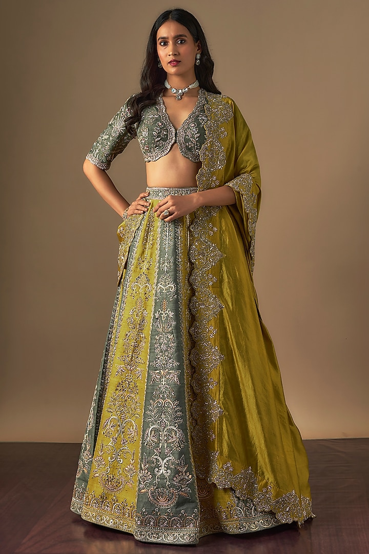 Green Raw Silk Zardosi Embroidered Bridal Lehenga Set by Jayanti Reddy at Pernia's Pop Up Shop