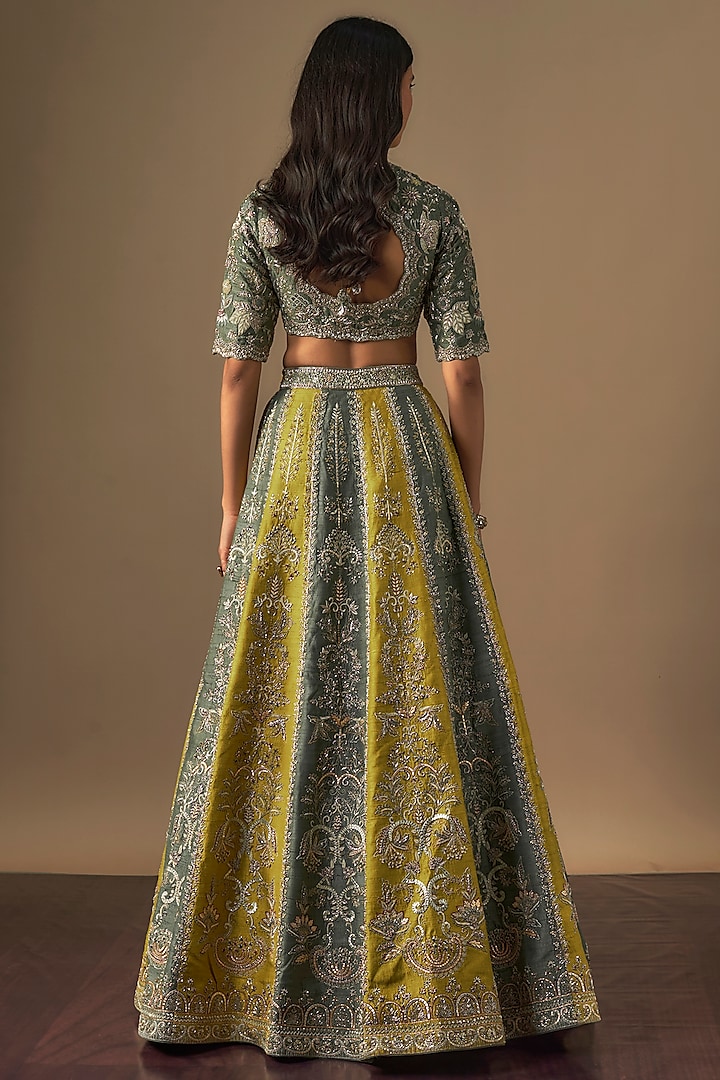 Green Raw Silk Zardosi Embroidered Bridal Lehenga Set by Jayanti Reddy at Pernia's Pop Up Shop