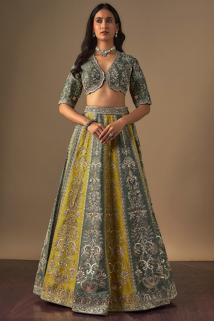 Green Raw Silk Zardosi Embroidered Bridal Lehenga Set by Jayanti Reddy at Pernia's Pop Up Shop
