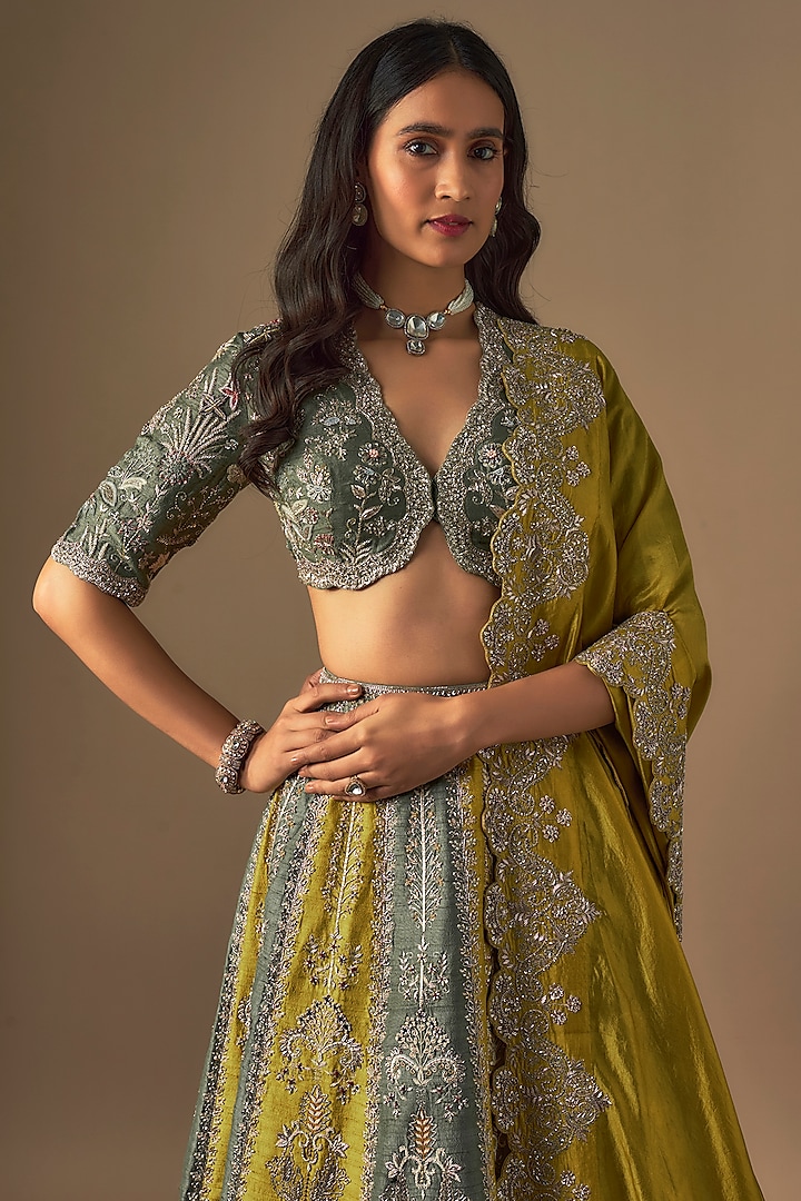 Green Raw Silk Zardosi Embroidered Bridal Lehenga Set by Jayanti Reddy at Pernia's Pop Up Shop