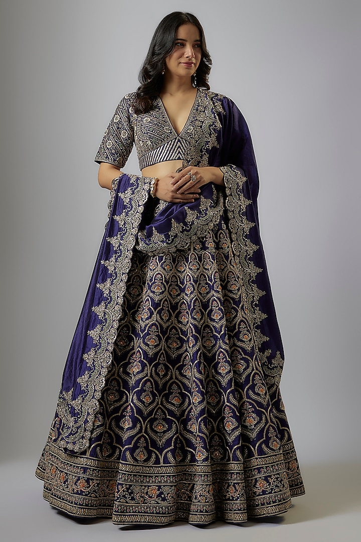 Purple Raw Silk Zardosi Embroidered Bridal Lehenga Set by Jayanti Reddy at Pernia's Pop Up Shop