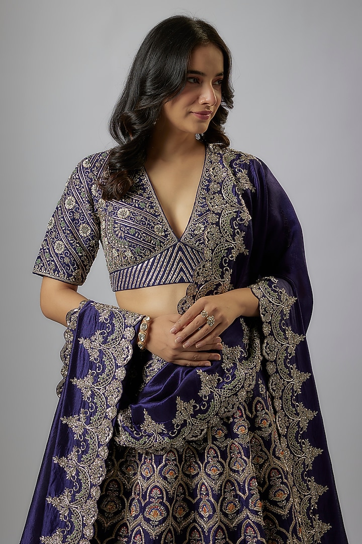 Purple Raw Silk Zardosi Embroidered Bridal Lehenga Set by Jayanti Reddy at Pernia's Pop Up Shop