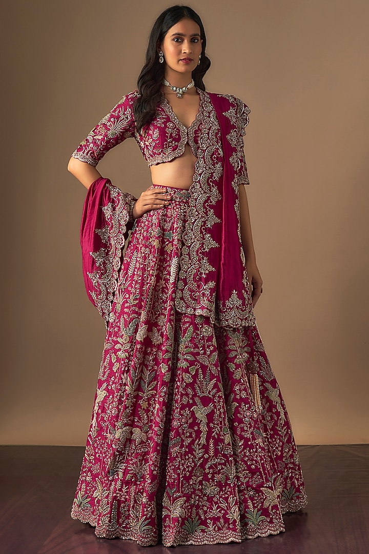 Pink Raw Silk Zardosi Embroidered Bridal Lehenga Set by Jayanti Reddy at Pernia's Pop Up Shop