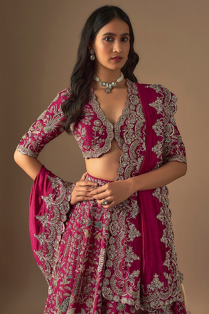 Pink Raw Silk Zardosi Embroidered Bridal Lehenga Set by Jayanti Reddy at Pernia's Pop Up Shop