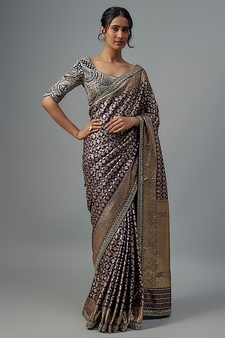 Purple Woven Silk Zardosi Embroidered Banarasi Saree Set by Jayanti Reddy
