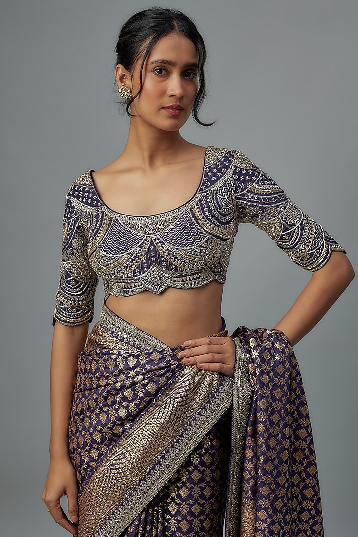 Purple Woven Silk Zardosi Embroidered Banarasi Bridal Saree Set by Jayanti Reddy at Pernia's Pop Up Shop