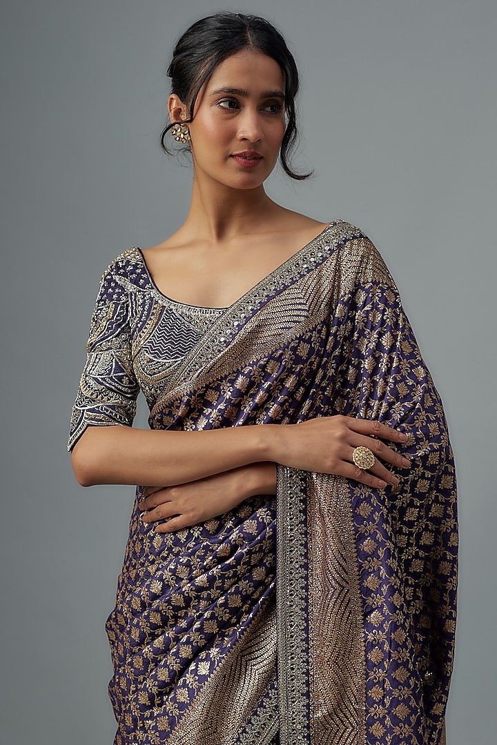 Purple Woven Silk Zardosi Embroidered Banarasi Bridal Saree Set by Jayanti Reddy at Pernia's Pop Up Shop