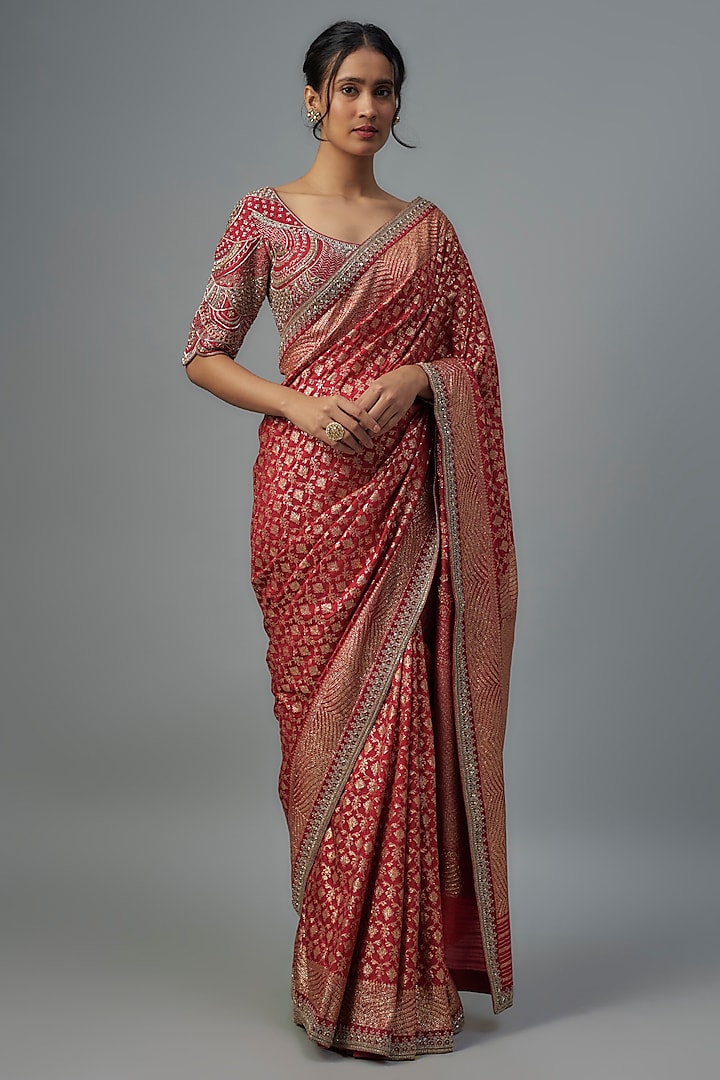 Red Woven Silk Zardosi Embroidered Banarasi Saree Set by Jayanti Reddy at Pernia's Pop Up Shop